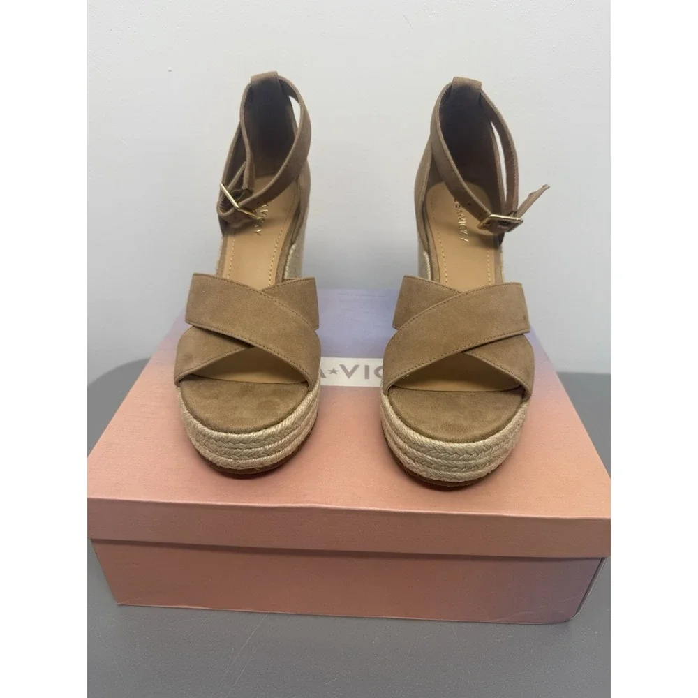 New Lisa Vicky Wedge Sandals Cognac Kid‎ Suede 8.5 M Cross-Strap Espadrille Heel
